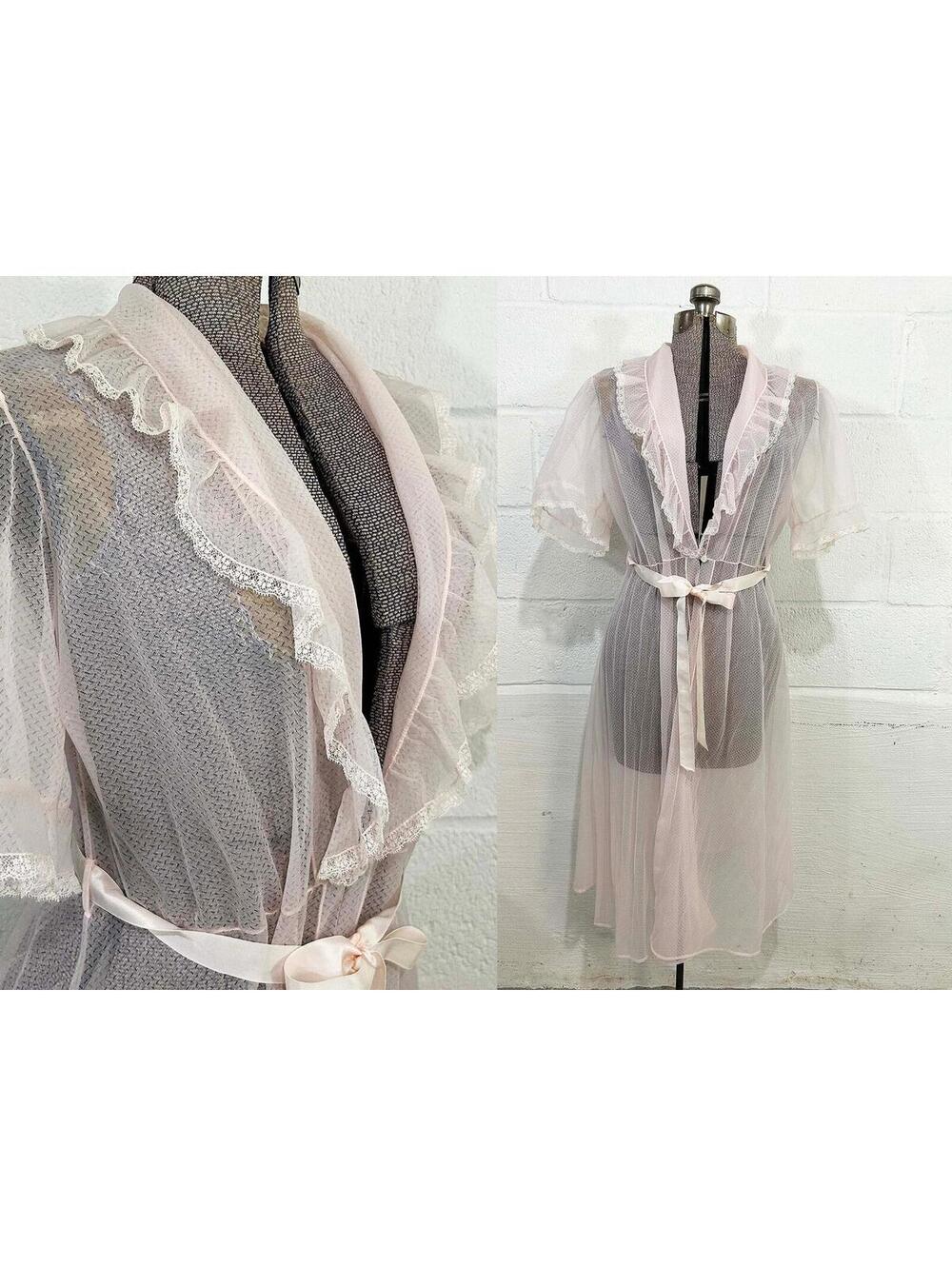 Vintage Henson Lingerie Pink Peignoir Robe Nightgown Sheer Jacket 1950s Small